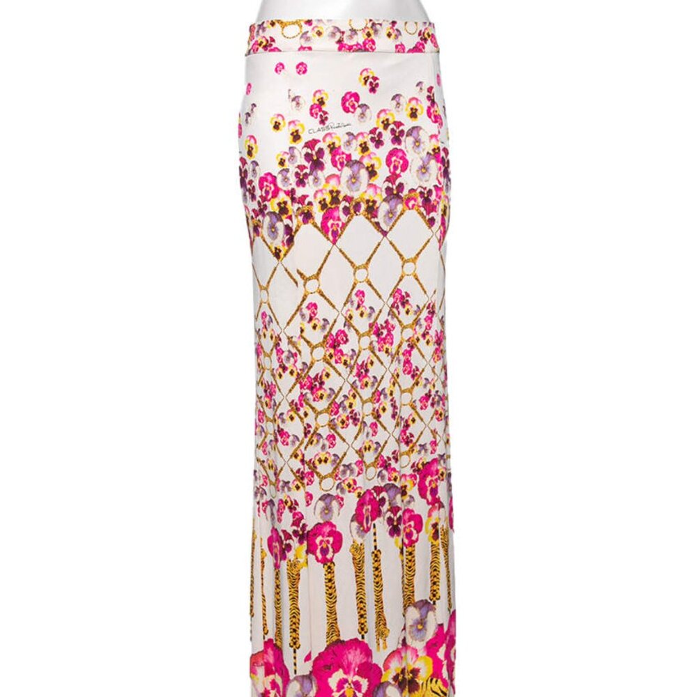 Class by Roberto Cavalli Cream Floral Printed Silk Slit Detailed Maxi Skirt M